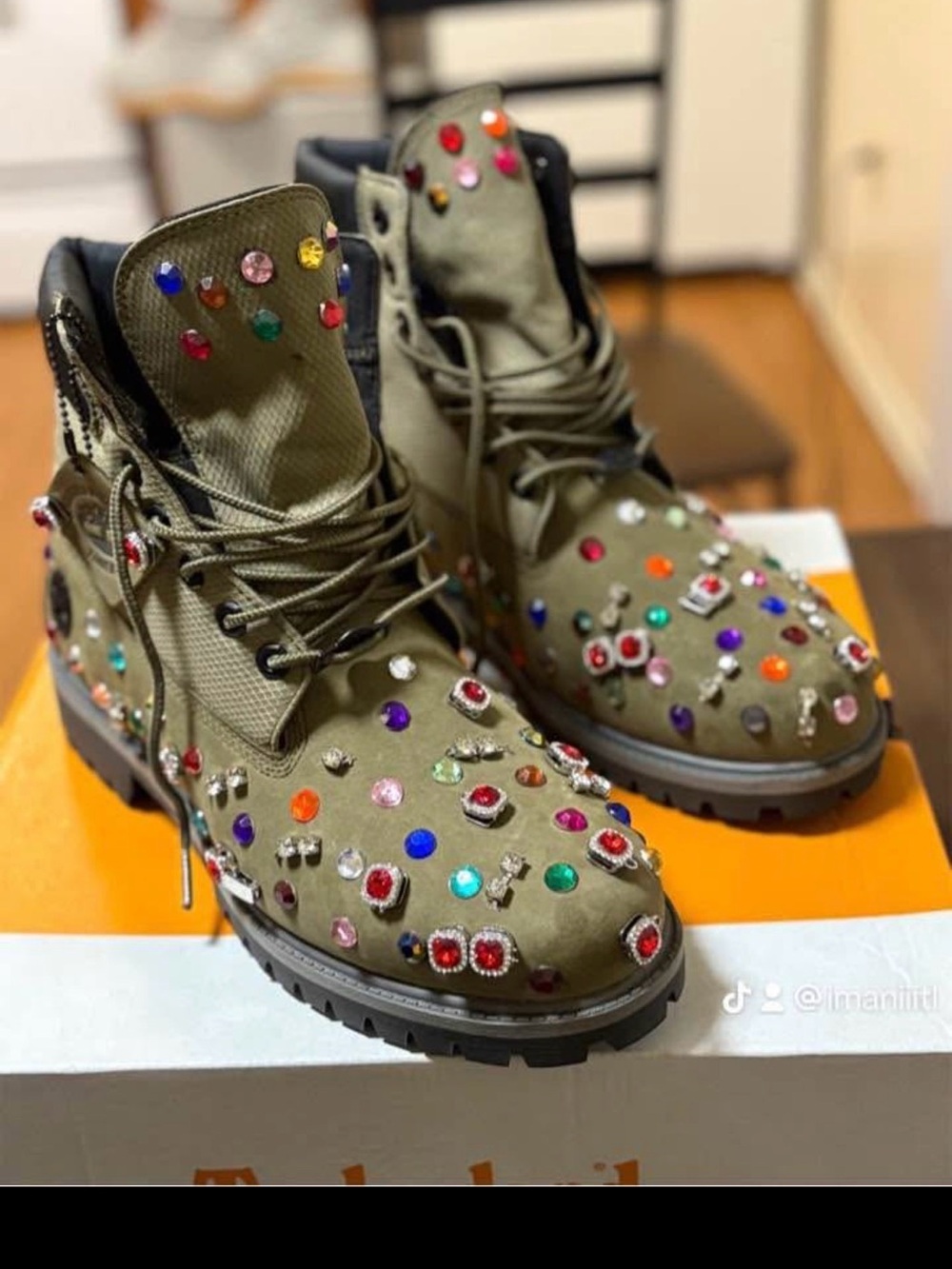 Timberland Olive Green Crystal-Embellished Combat Boots